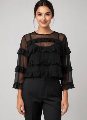 Top col rond manches 3/4 noir KAFFE femme