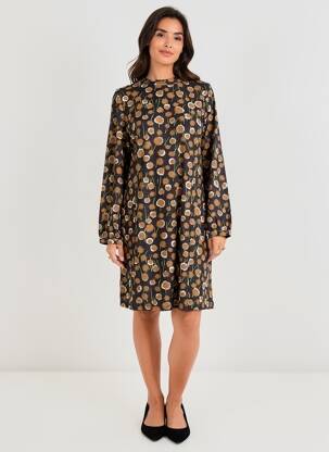 Robe mi-longue imprimé fantaisie manches longues noir AGATHE & LOUISE femme