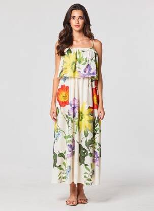 Robe longue imprimé fleurs fines bretelles beige NUMPH femme