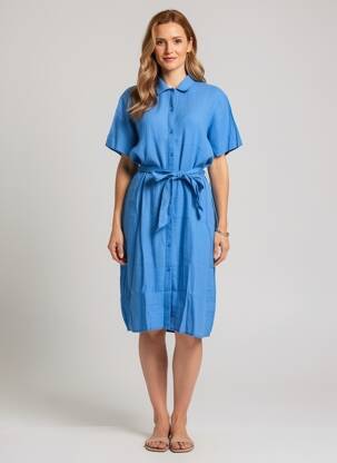 Robe mi-longue tissage crêpe manches courtes bleu SAINT JACQUES femme