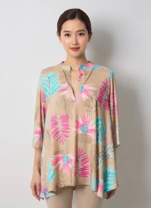 Tunique manches longues imprimé fantaisie beige KYZAA femme
