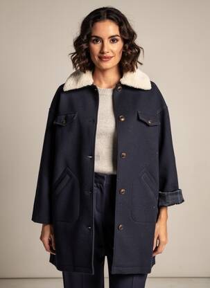 Manteau long coupe droite sans capuche bleu ONE STEP femme