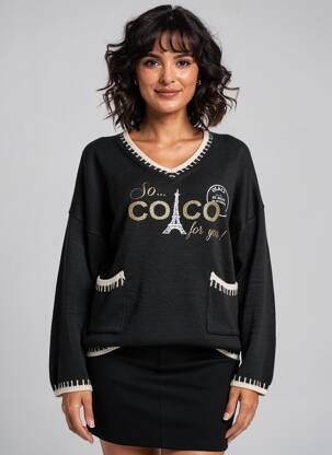 Pull coupe droite manches longues noir AU SOLEIL DE ST TROPEZ femme
