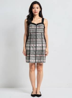 Robe mi-longue imprimé fantaisie fines bretelles noir L33 femme