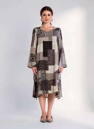 Robe mi-longue imprimé fantaisie manches longues gris G!OZE femme