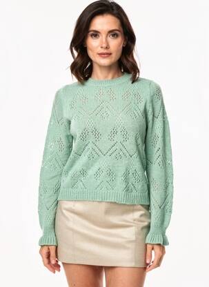 Pull maille ajourée manches longues vert LA FEE MARABOUTEE femme
