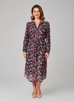 Robe mi-longue imprimé fleurs manches longues bleu JENSEN femme