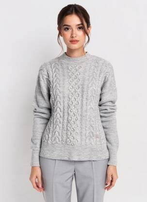 Pull tissage chiné manches longues gris MANGO femme