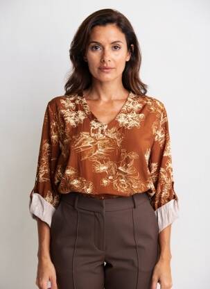 Blouse imprimé fleurs manches longues marron PIMENT ROUGE femme