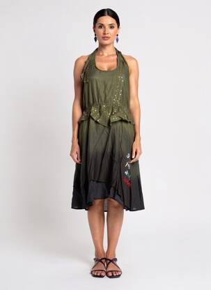 Robe mi-longue col rond fines bretelles vert DESIGUAL femme