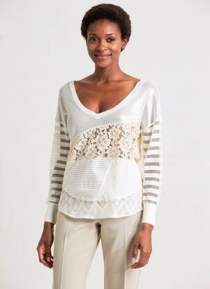 Top col v manches longues blanc DESIGUAL femme