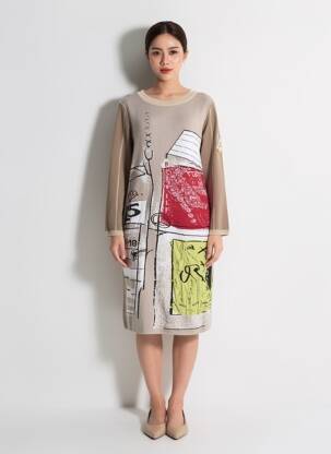 Robe mi-longue imprimé fantaisie manches longues marron ELISA CAVALETTI femme