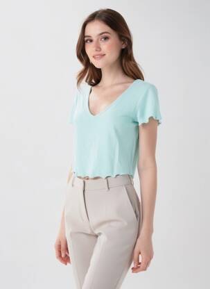 T-shirt col v manches courtes bleu ONLY femme