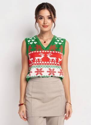 Pull col v sans manche vert ONLY femme