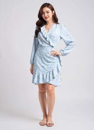 Robe mi-longue col v bleu ONLY femme