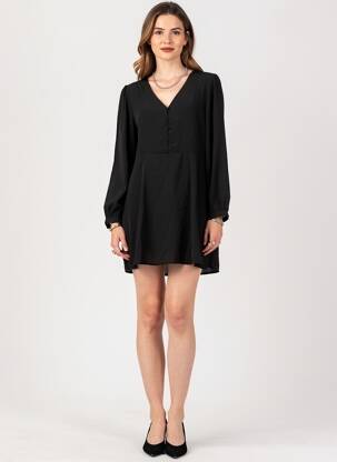 Robe mi-longue manches longues manches longues noir JACQUELINE DE YONG femme