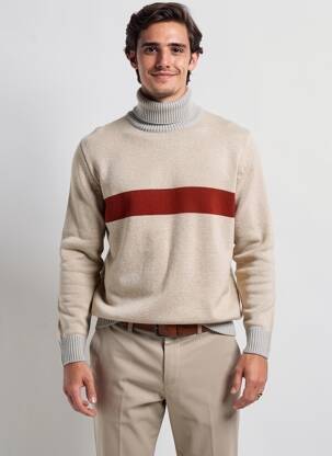 Pull col roulé stretch manches longues beige OLOW homme