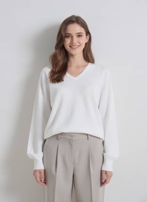 Pull col v manches longues blanc WE FASHION femme