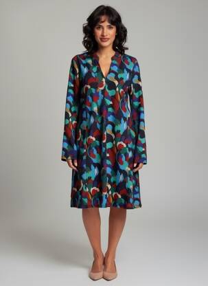 Robe mi-longue imprimé fantaisie manches longues bleu SURKANA femme