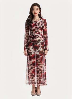 Robe longue imprimé fantaisie manches longues rouge LUMINA femme