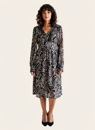 Robe mi-longue imprimé fantaisie manches longues noir BARILOCHE femme