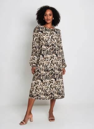 Robe mi-longue imprimé fantaisie manches longues marron SOYACONCEPT femme