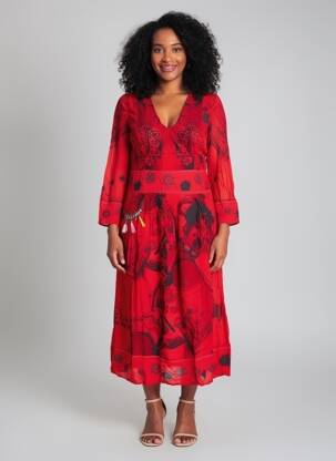 Robe mi-longue imprimé fantaisie manches longues rouge DESIGUAL femme