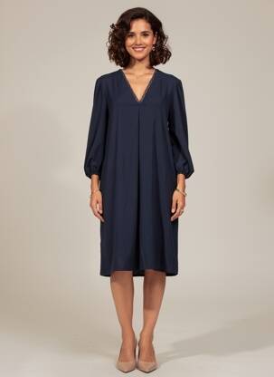 Robe mi-longue tissage crêpe manches longues bleu LE SINGE DE JULIE femme