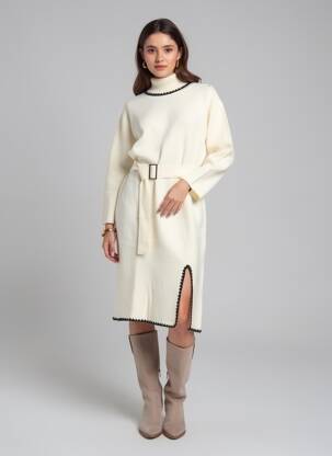 Robe pull stretch manches longues beige ANNY femme