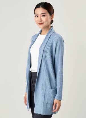 Gilet manches longues col châle bleu TRIPODE femme
