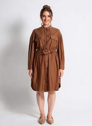 Robe mi-longue tissage crêpe manches longues marron OTTOD'AME femme
