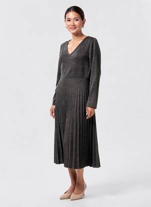 Robe mi-longue manches longues manches longues gris MALOKA femme
