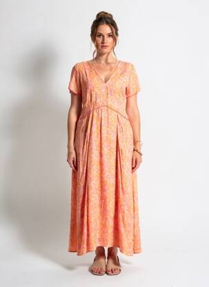 Robe longue imprimé fantaisie manches courtes orange EVA KAYAN femme