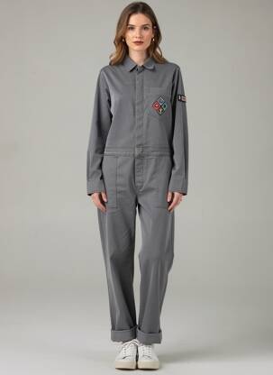 Combi-pantalon fermeture boutonnée sur le devant manches longues gris FIVE femme