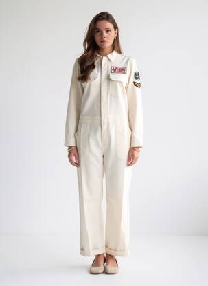 Combi-pantalon fermeture boutonnée sur le devant manches longues beige FIVE femme