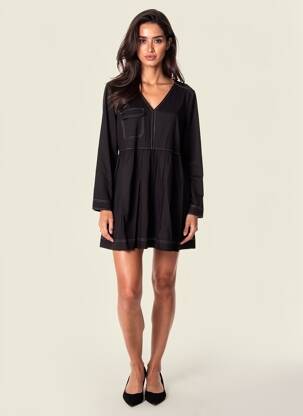 Robe courte coupe évasée manches longues noir ICHI femme
