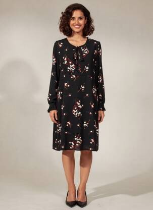 Robe mi-longue imprimé fantaisie manches longues noir LA FEE MARABOUTEE femme