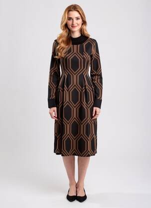 Robe mi-longue imprimé fantaisie manches longues marron LA FEE MARABOUTEE femme
