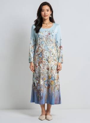 Robe mi-longue imprimé fantaisie manches longues bleu DOLCEZZA femme