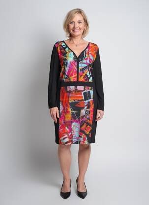 Robe mi-longue imprimé fantaisie manches longues noir DOLCEZZA femme