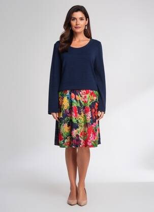 Robe mi-longue manches longues manches longues bleu MALOKA femme