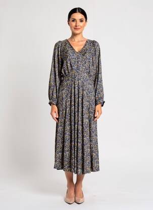Robe mi-longue imprimé fleurs manches longues bleu TRANQUILLO femme