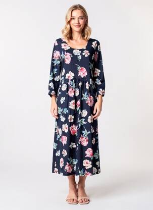 Robe mi-longue imprimé fleurs manches 3/4 bleu JOULES femme