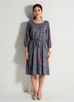 Robe mi-longue imprimé fantaisie manches longues bleu PRINCESSE NOMADE femme