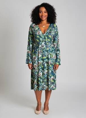 Robe mi-longue imprimé fantaisie manches longues vert SURKANA femme