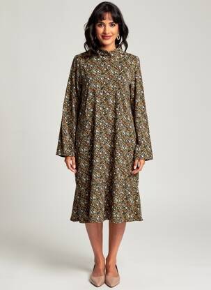 Robe mi-longue imprimé fleurs manches longues vert TRANQUILLO femme