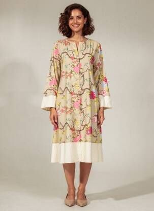 Robe mi-longue imprimé fantaisie manches longues beige RHUM RAISIN femme