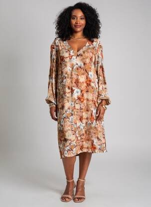 Robe mi-longue imprimé fantaisie manches longues marron CREAM femme