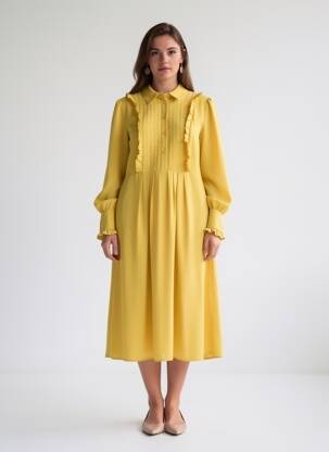 Robe mi-longue tissage crêpe manches longues jaune CLAUDIE PIERLOT femme