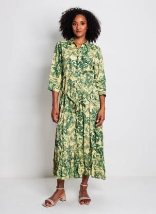 Robe longue imprimé fantaisie manches longues vert GOA femme